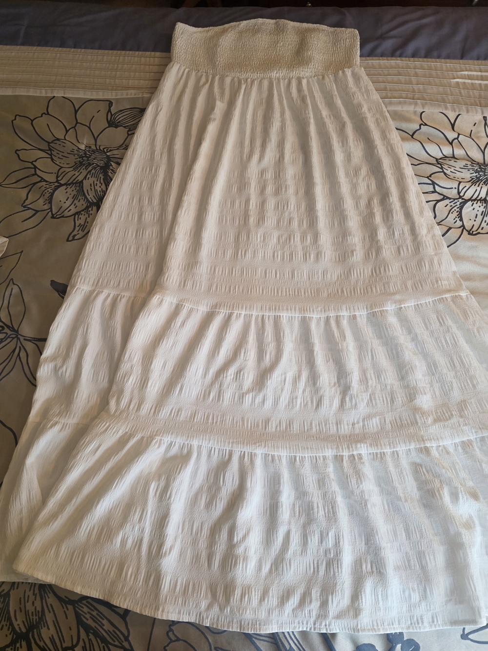 White Smocked Waist Tiered Maxi Skirt